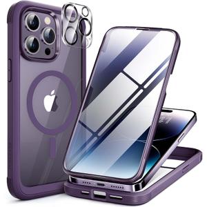 Miracase Magnetic for iPhone 14 Pro Case 6.1 inch, (Compatible with MagSafe) Upgrade Full-Body Clear Phone Bumper Case with Built-in 9H Tempered Glass Screen Protector, Magnetic Purple
