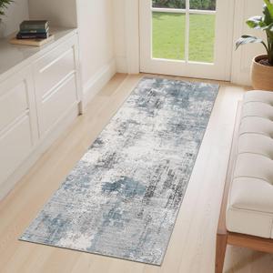 Washable Area Rugs 2x6 Runner Rug for Entryway: Modern Abstract Neutral Soft Indoor Carpet for Hallway Front Door Kitchen Bathroom Bedroom - Grey Blue