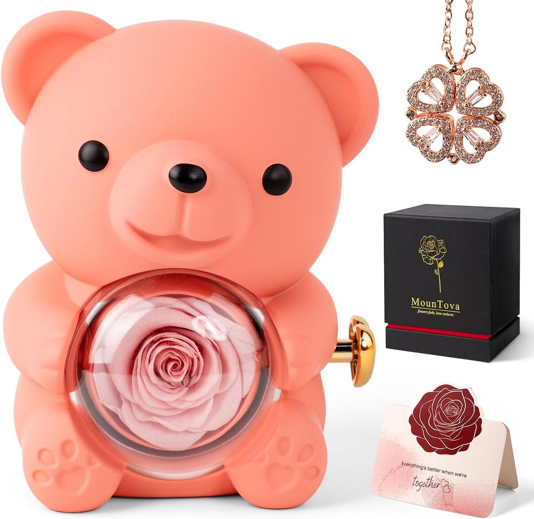 Teddy Bear with Preserved Rose Flower in Bear with Necklace and Box, Unique Mothers Day Gifts for Mom from Son Daughter (Pink+ Gift Box), 5.86 x 8.35 x 5.96 inches