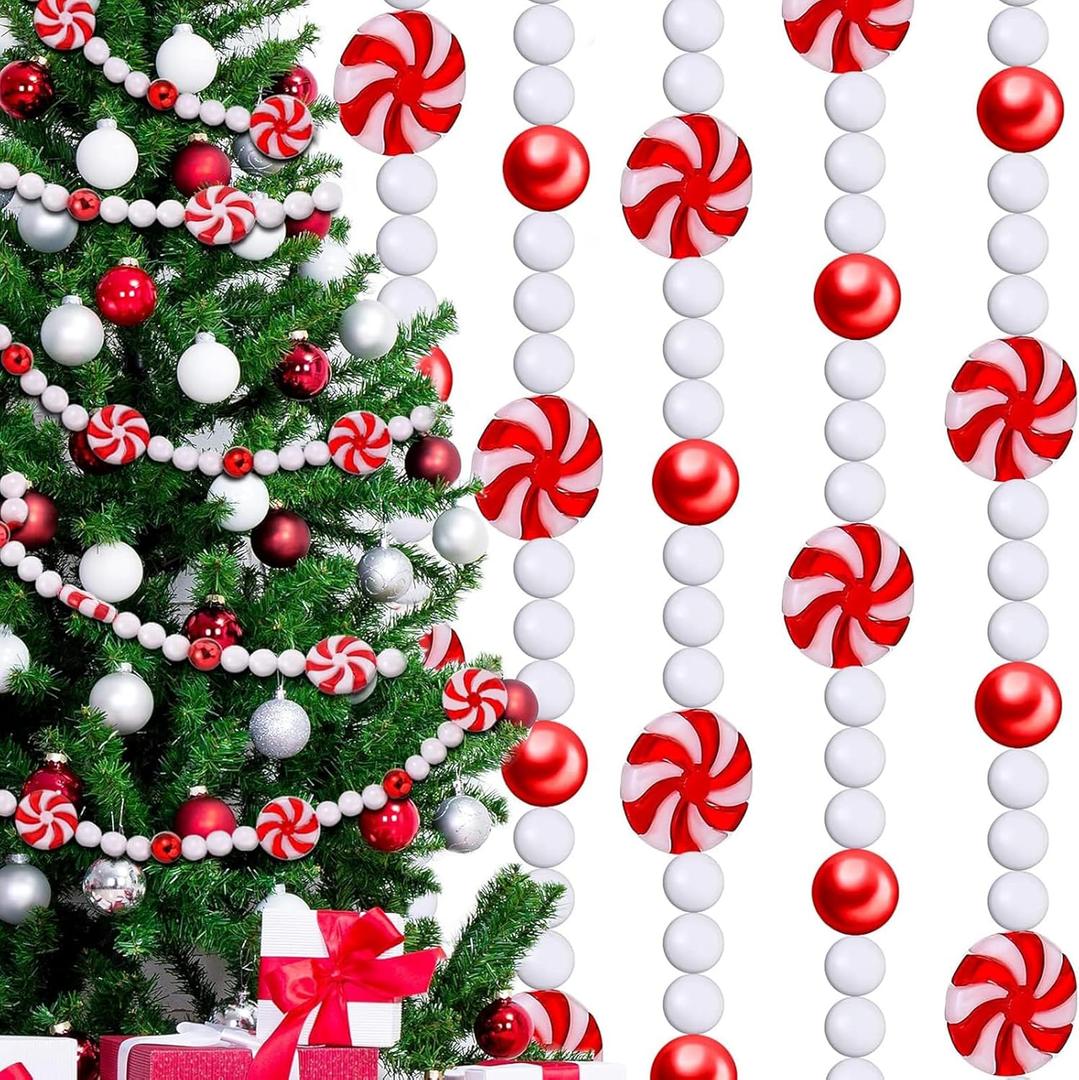 Gerrii 108 ft Christmas Candy Garland Christmas Tree Candy Bead Garland Holiday Plastic Candy Cane Peppermint Red and White Decorations Christmas Hanging Garland for Xmas Party Fireplace Home Decor