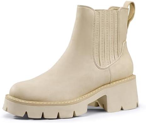 IDIFU IN2 Women's Chelsea Boots Platform Low Block Chunky Heeled Ankle Boots Round Toe Lug Sole Slip On Dress Boots Fall Work Dressy Comfortable Fashion Casual Short Booties Shoes, Size 9
