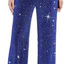 PEIQI Women High Elastic Waist Wide Leg Palazzo Pants Bling Glitter Casual Loose Long Sparkle Pant Trouser L
