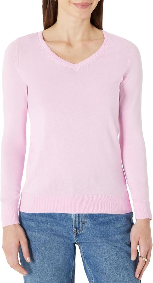 Essentials Women's Standard Lightweight V-Neck Sweater, Light Pink Liliac, Small