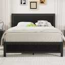 VECELO Queen Size Bed Frame with Upholstered Headboard, Heavy-Duty Platform with Strong Metal Slats, No Box Spring Needed, Easy Assembly, Linen & Black