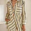 Tankaneo Womens Striped 2 Piece Outfits Button Down Shirts and Shorts Lounge Matching Sets (Beige, L)