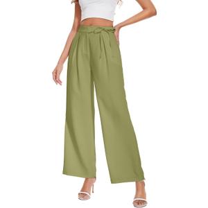 Women's Wide Leg Long Trousers with Tie Belt for Women Pleated Front High Waisted Pants Green, Small