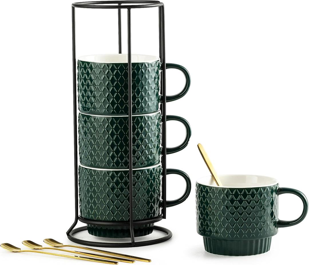 LYEOBOH Coffee Mug Set Porcelain Stackable Coffee Mugs with Stand and Spoons, 13 OZ. Cappuccino Cup Demitasse Cups for Drinks, Espresso, Latte,Set of 4, Dark Green