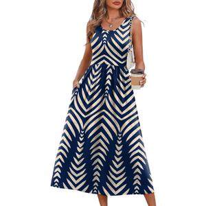 WIHOLL Summer Dresses for Women Flowy Casual Midi Dress Beach Vacation Sundresses with Pockets (Large, Navy Print)