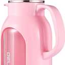 Delove 68 oz/2 Liter Glass Pitcher with Shatterproof Shell - Heat Resistant Glass Liner - Stainless Steel Lid - Carafe & Jug for Iced Tea,Hot/Cold Water,Homemade Juice Beverages (Pink)