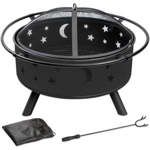 32 Inch Fire Pit Outdoor Fireplace, 2 in 1 Metal Round Firepit for Outside Bonfire Party, BBQ, Camping, Backyard, Patio, Garden, Picnic w/Fire Poker, Spark Screen, Grate, Cover (Moon&Star)