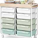 10 Drawers Rolling Cart with Wooden Tabletop, Utility Storage Cart with Wheels, Art Supply Craft Organizer on Wheel with Metal Frame & Handles for Home Office School,Green