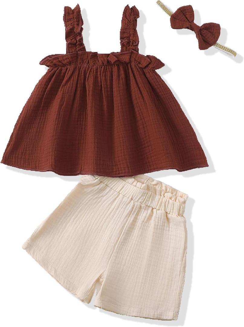 XUANHAO Toddler Baby Girl Clothes Summer Outfits Sleeveless Ruffled Linen Shirts Tank Tops Shorts Kids Girls Clothing Sets (12-18 Months, Rust Red)