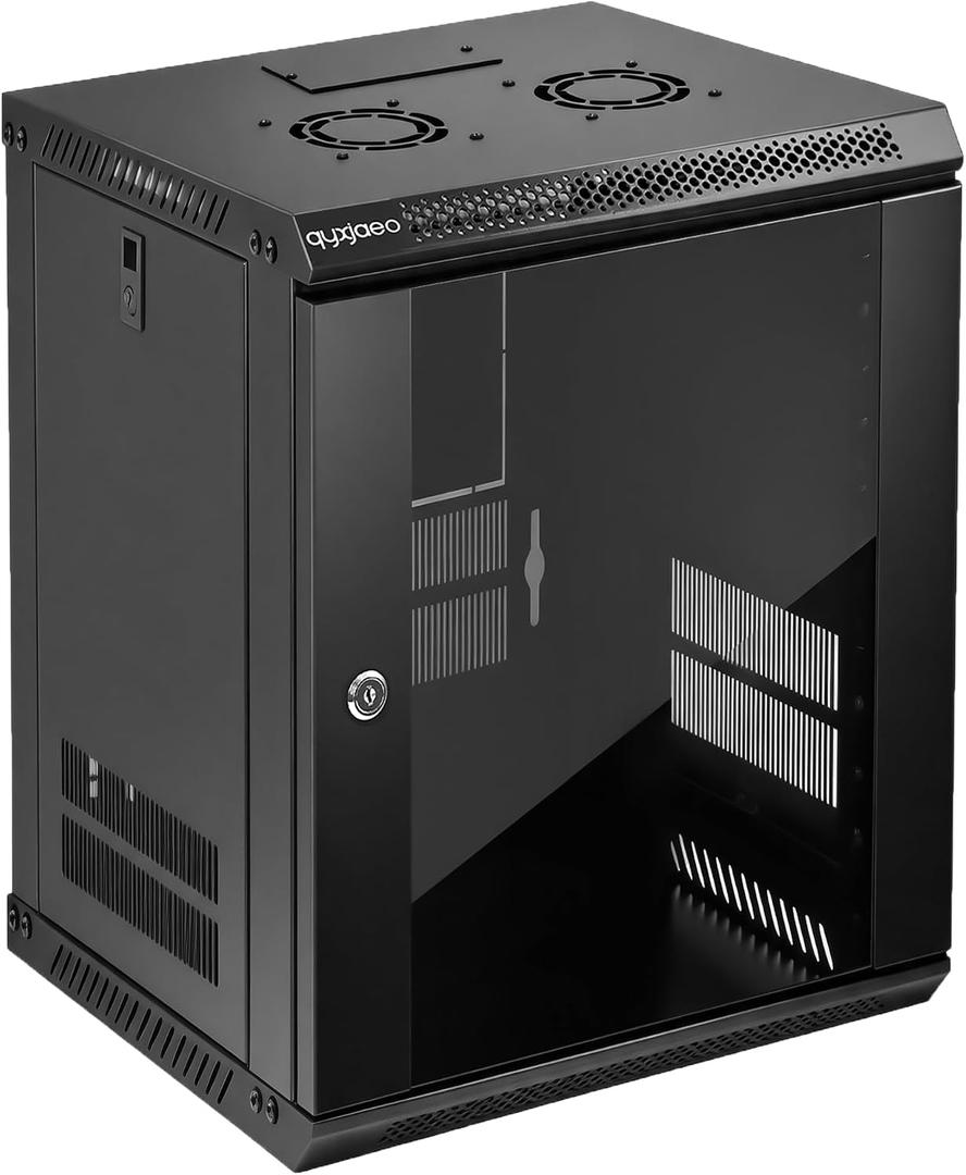 12U Wall Mount Server Rack Cabinet for 19'' IT Equipment, AV Device | 17.7 Inch Depth Network Cabinet Enclosure, Lockable Glass Door with Cooling Fan, Easy Install for Home Office Media Equipment