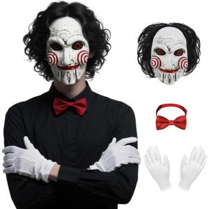 Oumbivil Saw Billy Costume Mask Adult Horror Movie Full Head Latex Mask with Hair Scary Halloween Costumes Clown Puppet Cosplay with Red Bow Tie and Gloves Party Masquerade Props OU084