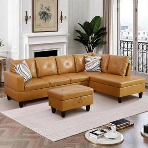 L-Shaped 3-Piece Sectional Sofa Set with Chaise & Storage Ottoman, Sectional Couch, Solid-Wood Frame Sofa, Modern Small-Space Living Room Couch for Apartment, Studio, Office, Ginger L-Shaped 3-Piece Sectional Sofa Set with Chaise & Storage Ottoman, Sectional Couch, Solid-Wood Frame Sofa, Modern Small-Space Living Room Couch for Apartment, Studio, Office, Ginger
