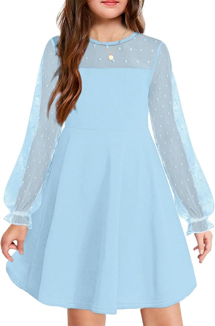 Arshiner Girl's Contrast Mesh Puff Long Sleeve High Waist A Line Short Dress with Pockets for 6-13 Years (Light Blue)