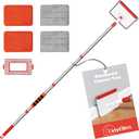 TidyBliss Baseboard Cleaner Tool with Handle, 55.9” Long Wall and Base Board Cleaning Mop, 4 Reusable Pads, 1 Stiff Bristle Scrubber Brush for Floorboard Ceiling Cabinet Window Bathroom Kitchen (Red)
