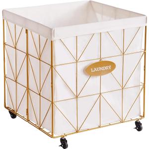 Laundry Hamper,Collapsible Laundry Basket Large Capacity Metal Laundry Hamper with Removable Liner, Rolling Wheels and Collapsible Design for Clothes Storage and Organization (210L GOLD)