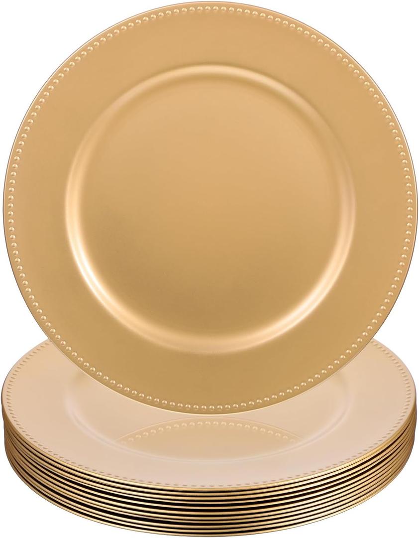 12 Pack Gold Charger Plates 13 Inch Plastic Round Beaded Decorative Charger Plates Gold Plate Chargers Reusable Dinner Chargers for Wedding, Party, Catering Event, Elegant Tabletop Decor