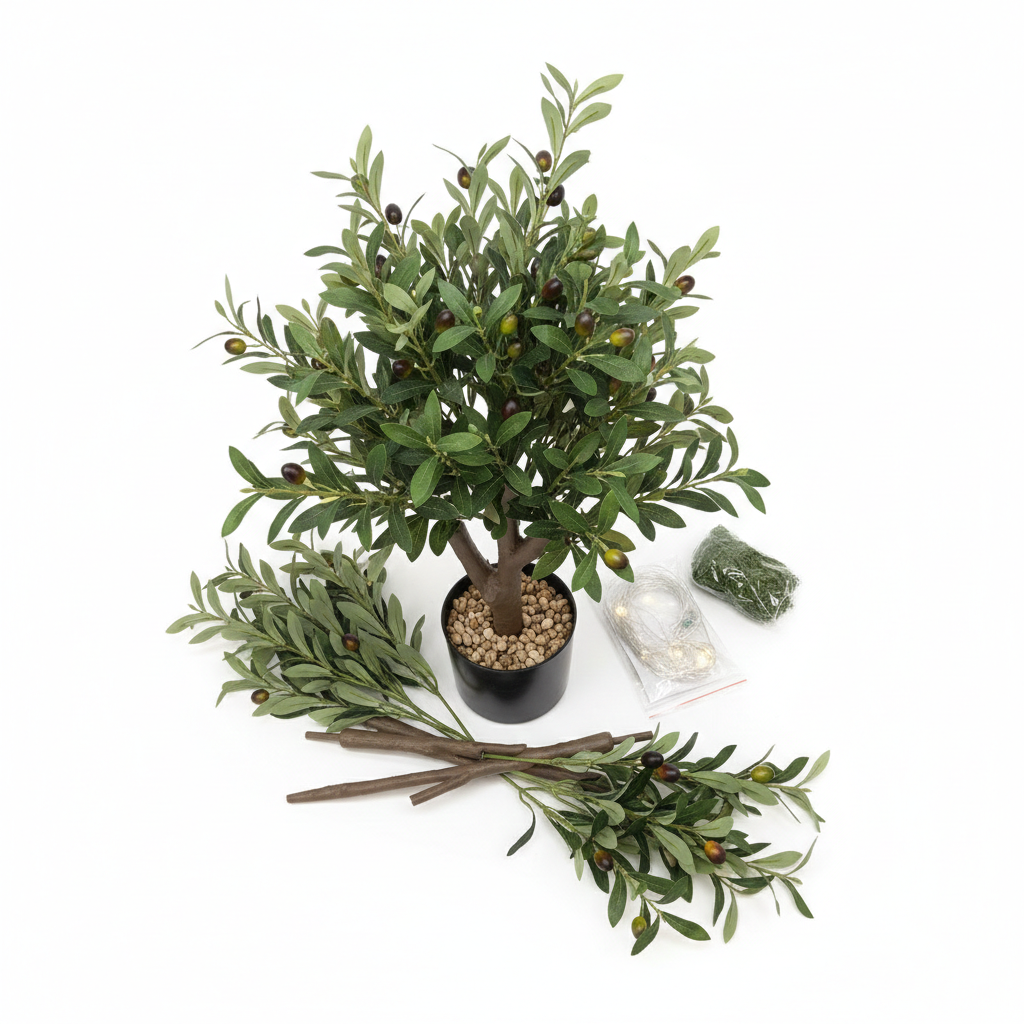 Nearly Natural 4-FT Artificial Fruiting Olive Tree with 280 Warm White LED Lights, Faux Olive Tree Indoor Home Décor, Pre-lit with Lifelike Fruits and Sturdy Base Stand