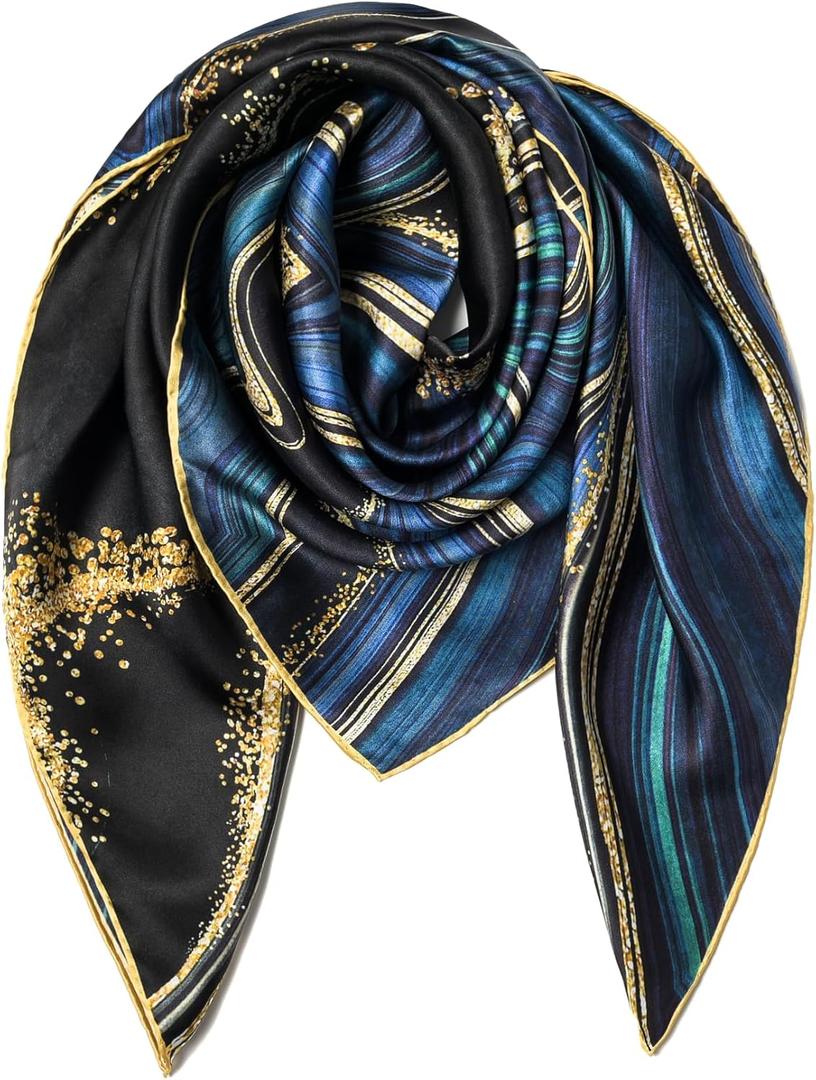 100% Mulberry Silk Scarf 43" Large Square Scarf Large Shawl - Women's Silk Oversized Headband - With Gift Packed (Black-blue)