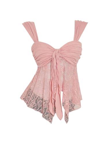 BEAUDRM Women's Y2k Lace Tank Top Sheer Mesh Asymmetrical Flowy Sweetheart Neck Sleeveless Going Out Party Club Rave Tops Solid Pink Small
