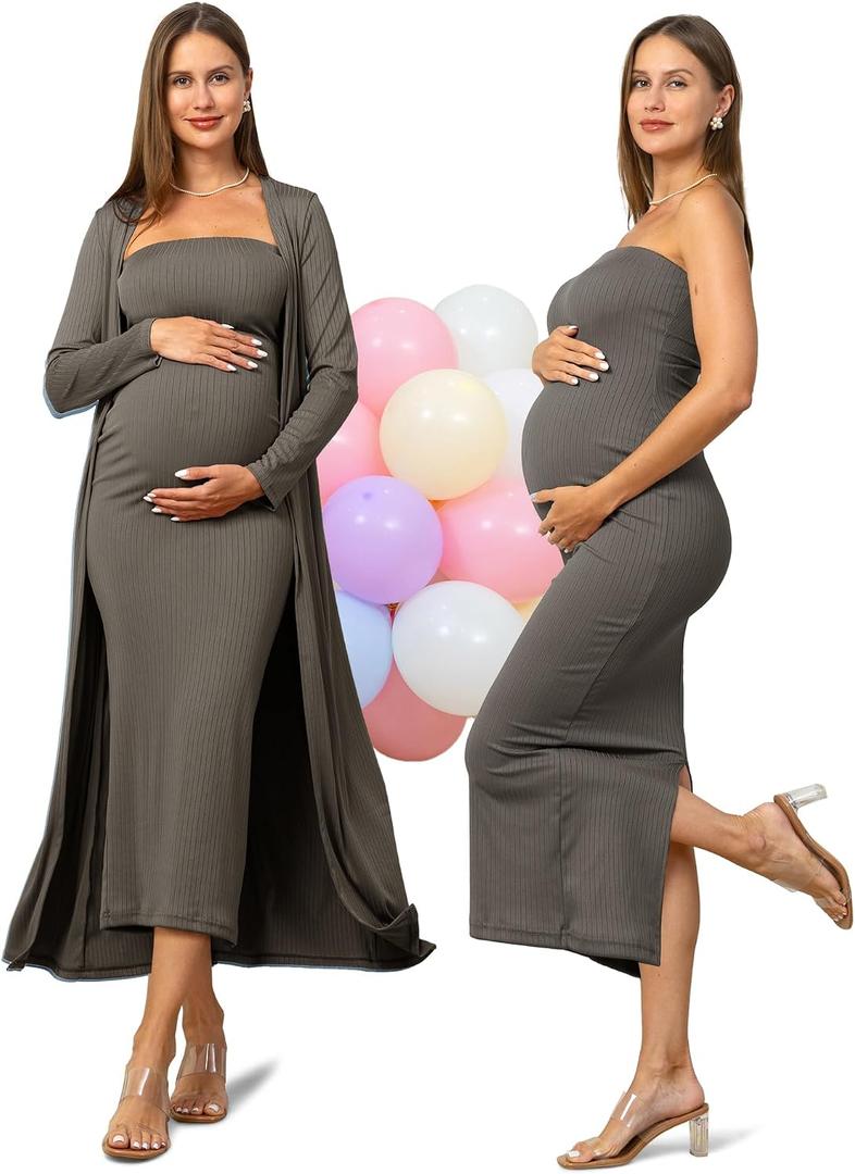 Rnxrbb 2 PCS Tube Baby Shower Maternity Dress Cardigan Set Summer Bodycon Maternity Dresses Long Gender Reveal (S)