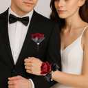 2 x Corsage and Boutonniere Set for Wedding Prom, Artificial Rose Flower Wrist Corsage Bracelets, Homecoming Corsage Wristlet, Boutonniere for Men Wedding Suit Decorations (Black&wine Red)