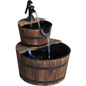 Outsunny Wood Freestanding Fountain with 2 Tier Waterfall Barrel, Electric Pump for Garden Decor, Lawn, Backyard