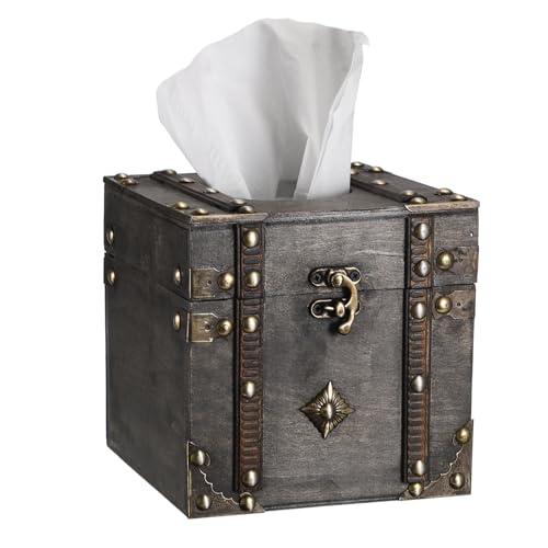 Sumnacon Tissue Box Retro Wood Square Tissue Box Cover Vintage Cube Tissue Box Holder,Decorative Tissue Holder for Bedroom Bathroom Toilet Table Desk Car Store Office Home,Grey