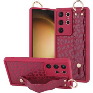 OOK Compatible with Samsung Galaxy S23 Ultra Leopard Case with Wrist Strap, Wine Red Leopard TPU Shockproof Protection Slim Cover with Camera Protection for Women Girls, for 6.8inch