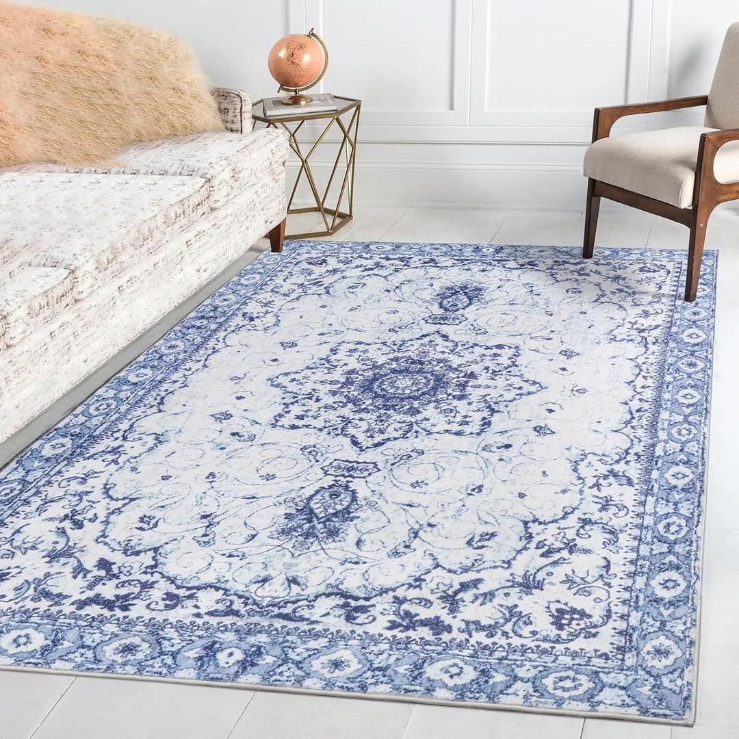 Area Rug - 8'x10' Vintage Floral Honeycomb Non Slip Backing Carpet - Blue Softer Thicker Faux Wool Rug - Lightweight Machine Washable Rugs for Living Room Bedroom Dining Room Home Office
