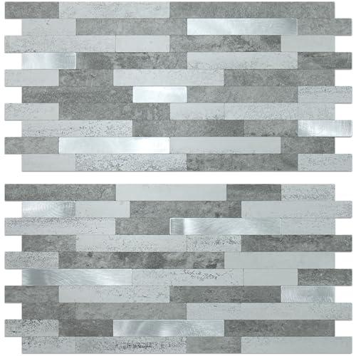 AULIGET 10 Sheets Faux Stone Peel and Stick Backsplash, Grey Slate Look PVC Wall Tile Stick on Backsplash for Kitchen and Bathroom, 12x12"