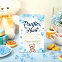 Thyle 51 Pcs Blue Bear Pacifier Hunt Baby Shower Games Include Neutral Bear Themed Hunt Sign and 50 Acrylic Pacifiers for Blue and Brown Baby Shower Game Decoration Gift Sets Gender Reveal Party Decor