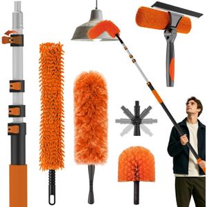 25FT Reach High Ceiling Duster Kits with 5-20FT Adjustable Pole - Includes Extra Long Duster, High Ceiling Duster, Rotatable Window Squeegee & Cobweb Duster for Ceiling Fans and Whole House Cleaning, 20FT, Orange