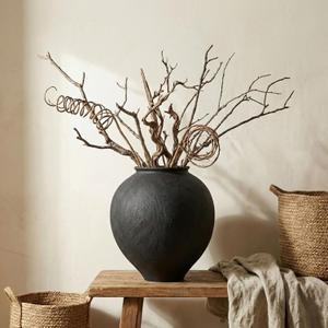 Large Blak Ceramic Vase - 11.8 Inch Large Black Round Vase, Rustic Farmhouse Vase for Home Decor, Dining Table, Shelf, Bedroom, Living Room, Kitchen, Office, Bathroom, Mantle, Centerpiece Décor