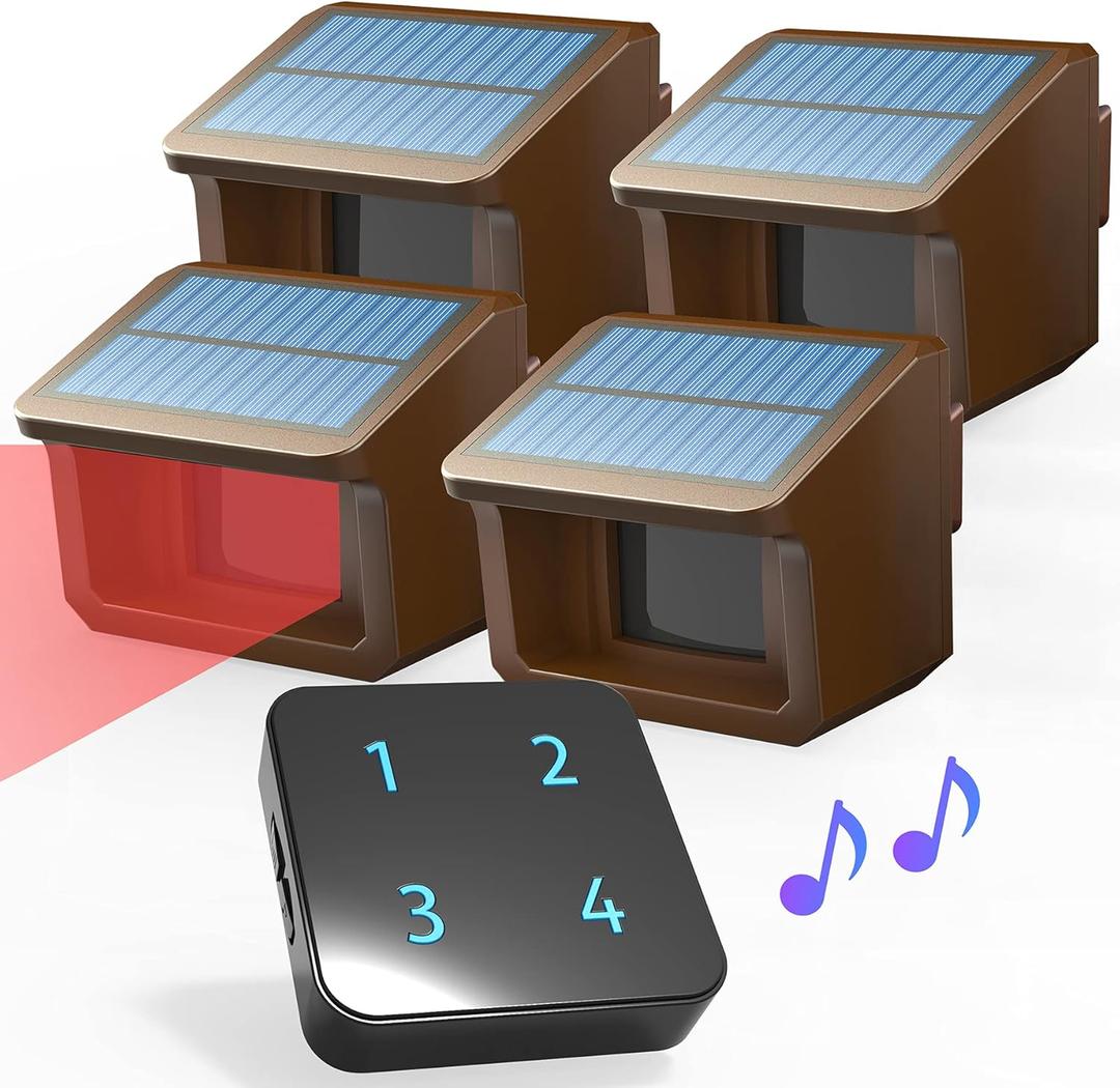 Driveway Alarm System- HTZSAFE 1/2Mile Solar Driveway Alarm System- Up to 70FT Wide Sensor Range- Fully Weatherproof Outdoor Motion Sensor&Detector DIY Security Alert System-1 Receiver and 4 Sensors