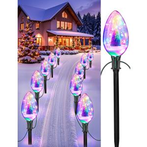 Brightever 2-Pack Jumbo C70 Christmas Pathway Lights Outdoor, 16FT 10 LED Hanging Waterproof Plug-in Christmas Decorations with Stakes, Built-in Miniature Xmas Tree Snow Scene with Multicolored Lights
