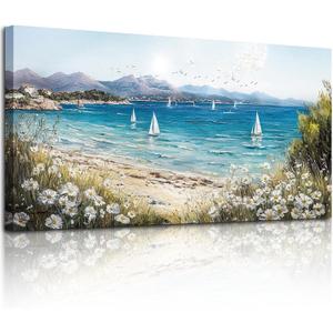 SERIMINO Coastal Landscape Large Wall Art, Beach Daisy Canvas Art Prints, Bay Sailboat Artwork for Walls, Nature Ocean Scenery Paintings Wall Decor Living Room Bedroom, Rustic Home Decor 24"X48"