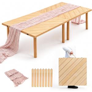 Folding Picnic Table for Indoor Outdoor, Portable Boho Low Picnic Table with Table Runner, 60" x 30" Wooden Table for Camping, Wedding, Beach, Garden, Party, Seats 6-8 People, 60" x 30" x 15.7"