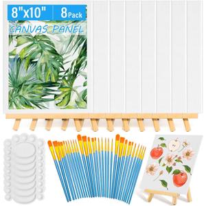 54 Pack Canvas with Easel Set 8 x 10 Inch Canvas Boards with Wooden Easels, Paint Brushes Canvas Panel Painting Kit for Acrylic Oil Watercolor Beginners Art Crafts Sip and Paint Party