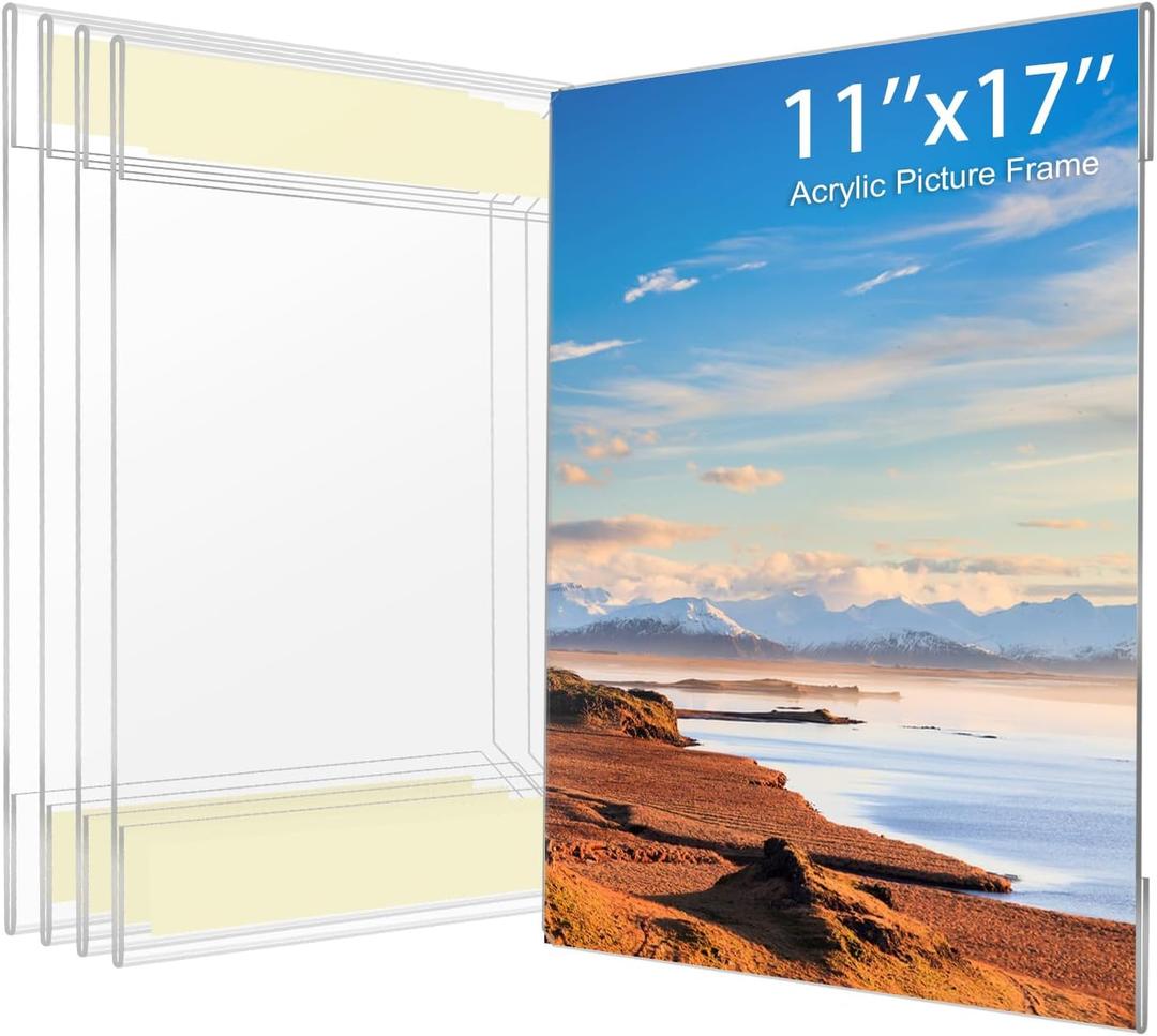 11x17 Acrylic Picture Frame, Clear Frameless Photo Frame for Wall Mount, No Drilling Picture Frames with Tape, Pack of 5 Floating Hanging Picture Frames for Home, School, Office