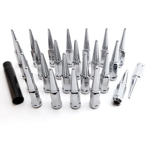 24PCS 14x2 Chrome Cone/Conical Bulge Seat Wheel Spike Lug Nuts with 1 Socket Key Compatible with Expedition 2000-2018, F-150 99-14, Lobo 09-14, Mark LT 05-08, Navigator 2000-2014