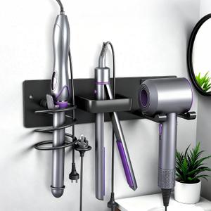 Blow Dryer Holder Wall Mount, 3 in 1 Bathroom Hair Tool Organizer with Curling Iron Holder & Flat Iron Holder, Universal Hair Dryer Holder Rack Storage Matte Black