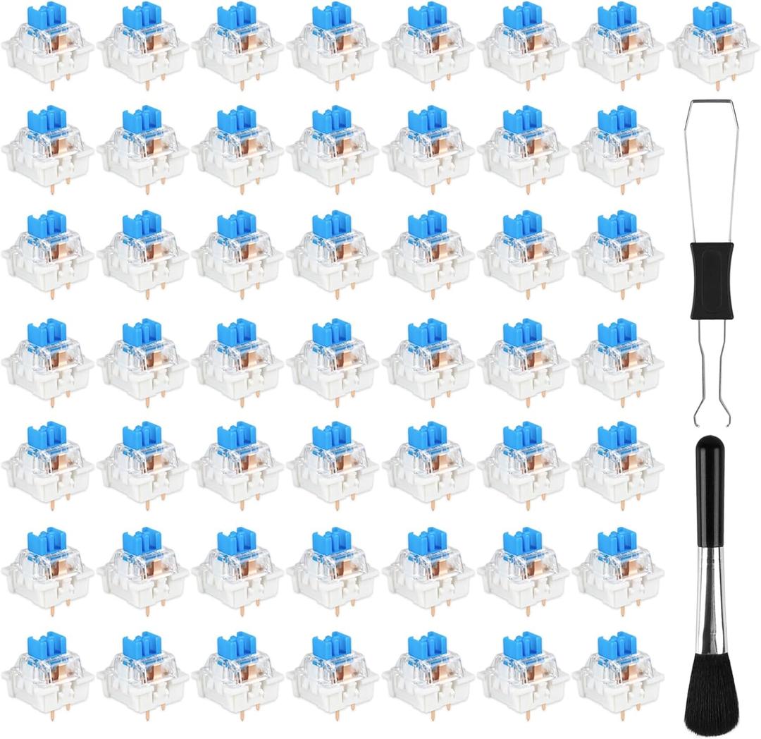 50 Pcs Blue Keyboard Switches, 3-Pin Clicky Tactile Mechanical Keyboard Switches, Complete DIY Replacement Kit with Switch Puller & Brush