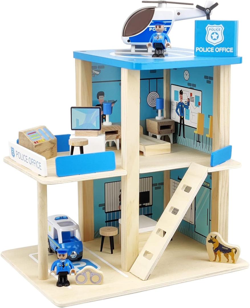 Wooden Police Station Playset Toy, Multicolor 3-Level Pretend Play Dollhouse Set with Figures, Car, Helicopter and Accessories, Preschool Learning Educational Toys for Toddlers Kids Age 3 and up