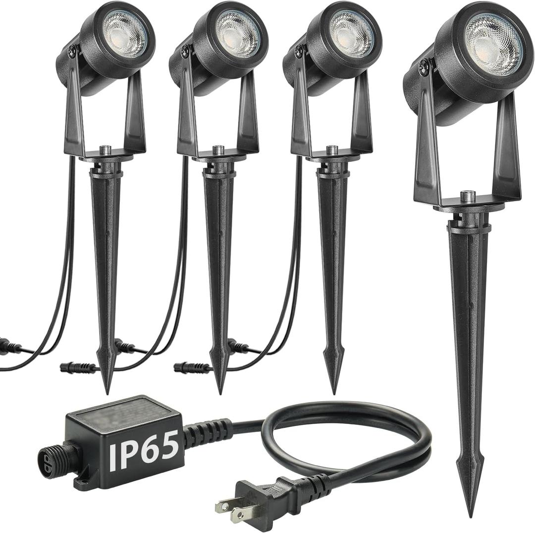 SUNTHIN Outdoor Landscape Lighting, 4 Pack Outdoor Spot Lights with Transformer for Yard, Plant, Lawn, Tree, Flags, House, Garden, Fence Use, IP65 Waterproof & Connectable (Warm White)