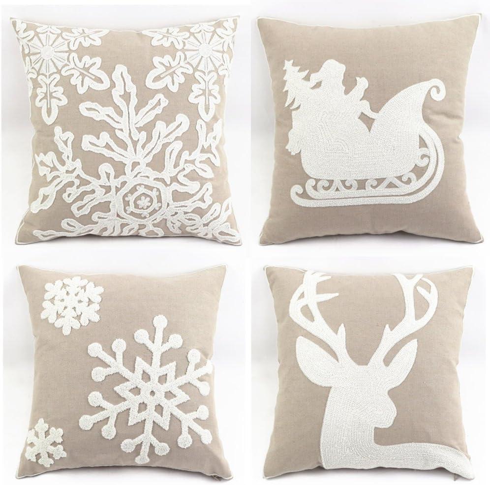 WOMHOPE Pack of 4 Christmas Pillow Covers Embroidery Sleigh Snowflakes Winter Decorative Square Cushion Covers Shells 18 X 18 Inches for Bed,Sofa,Couch (B (Set of 4) Griege)