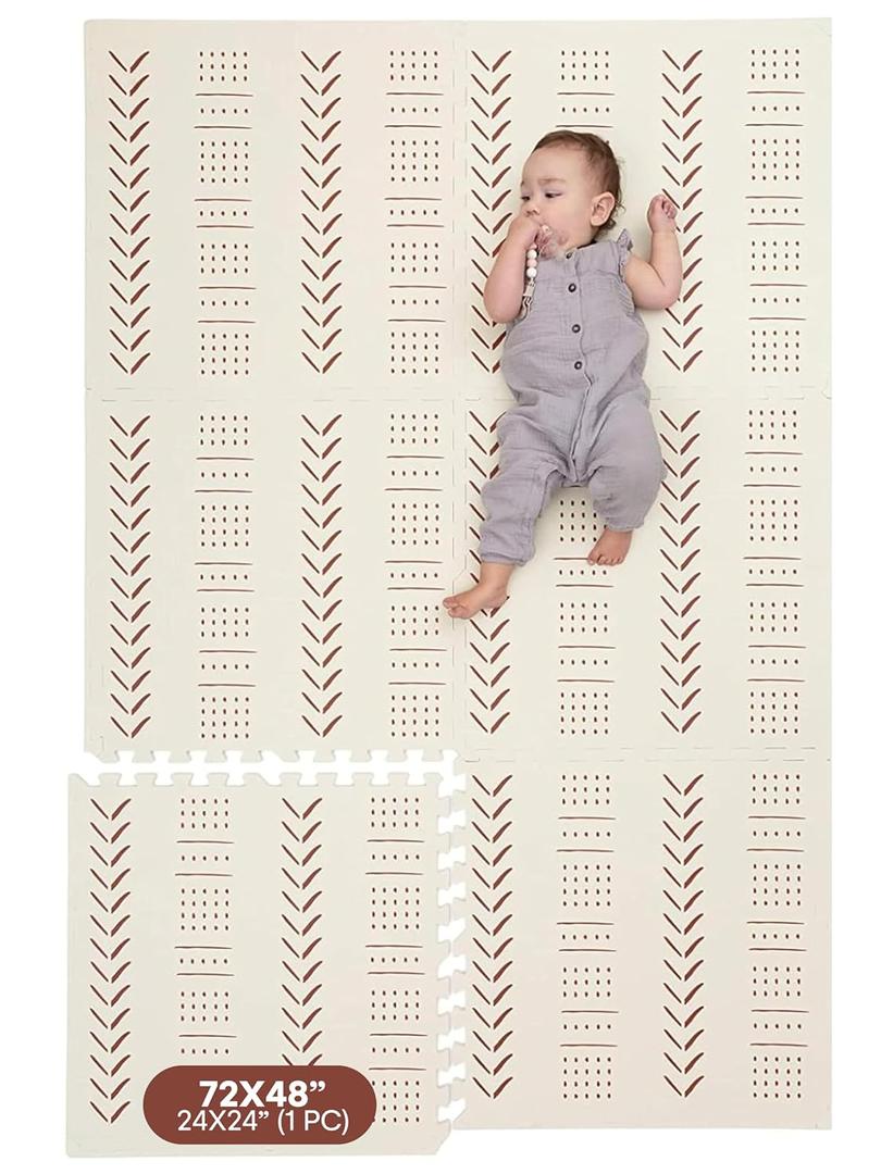 Childlike Behavior XL Baby Play Mat - 72 x 48-Inch Puzzle Play Mat with 6 Foam Floor Tiles - Interlocking Tummy Time Mat for Toddlers and Infants Play Pen - Waterproof and Soft Crawling Mat - Beige (72"x48", Beige Mudcloth)