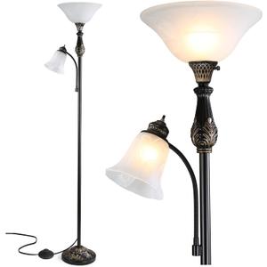 Torchiere Floor Lamps for Living Room & Bedroom, 71" Vintage Victorian Floor lamp with Reading Light, Tall Corner Standing Farmhouse Lamp for with Glass Shade Home Office Decor, Black